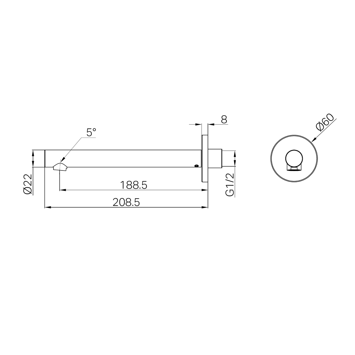 A line drawing of Nero Tapware Dolce II Basin/Bath Spout Only Gun Metal