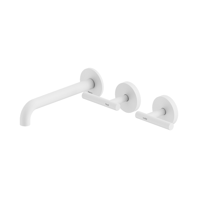 An image of Nero Tapware Mecca Wall Basin/Bath Set 185mm Offset Spout Matte White