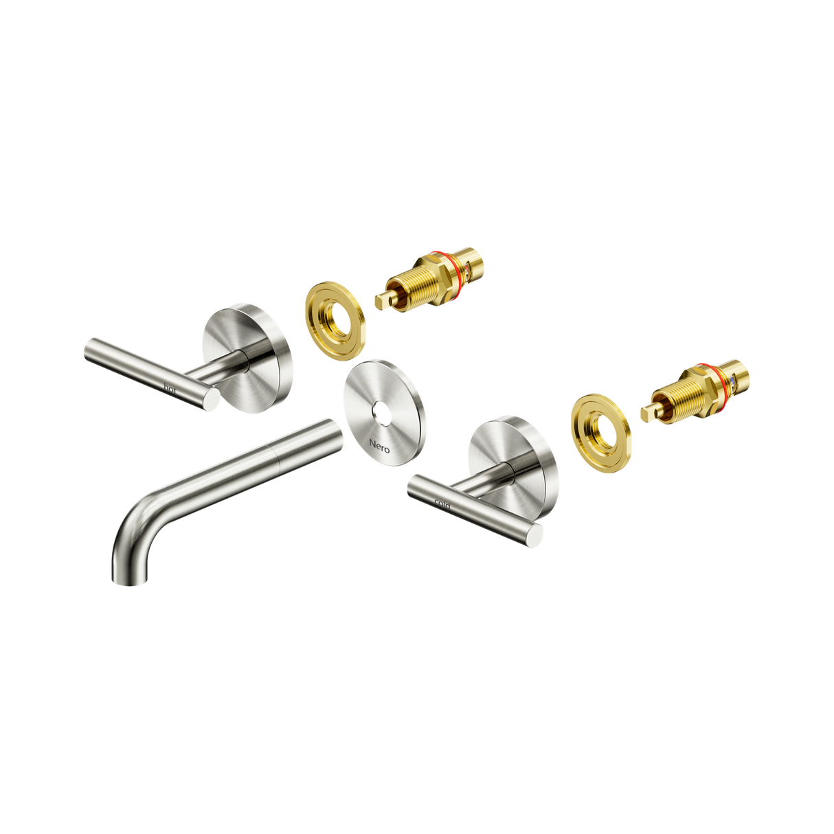An image of Nero Tapware Mecca Wall Basin/Bath Set 160mm Spout Trim kits Only Brushed Nickel
