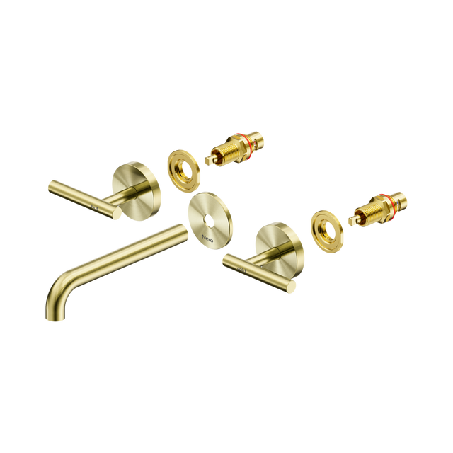 An image of Nero Tapware Mecca Wall Basin/Bath Set 185mm Spout Trim kits Only Brushed Gold