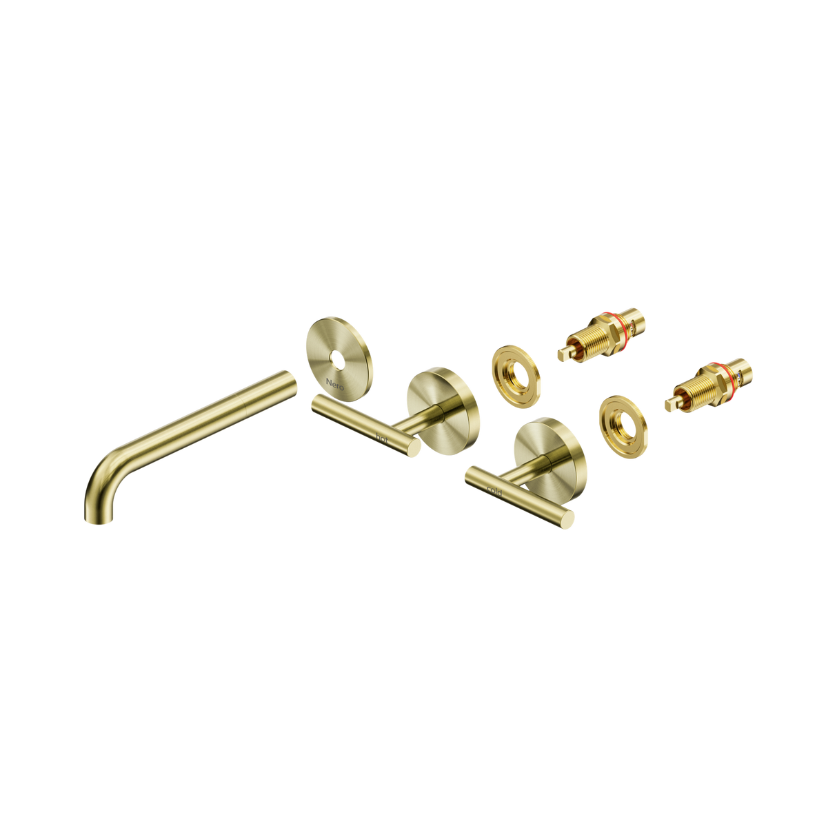 An image of Nero Tapware Mecca Wall Basin/Bath Set 185mm Spout Trim kits Only Brushed Gold