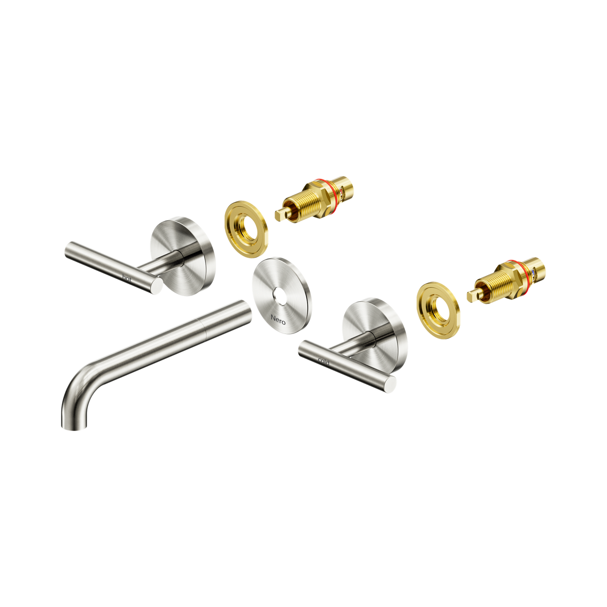 An image of Nero Tapware Mecca Wall Basin/Bath Set 185mm Spout Trim kits Only Brushed Nickel