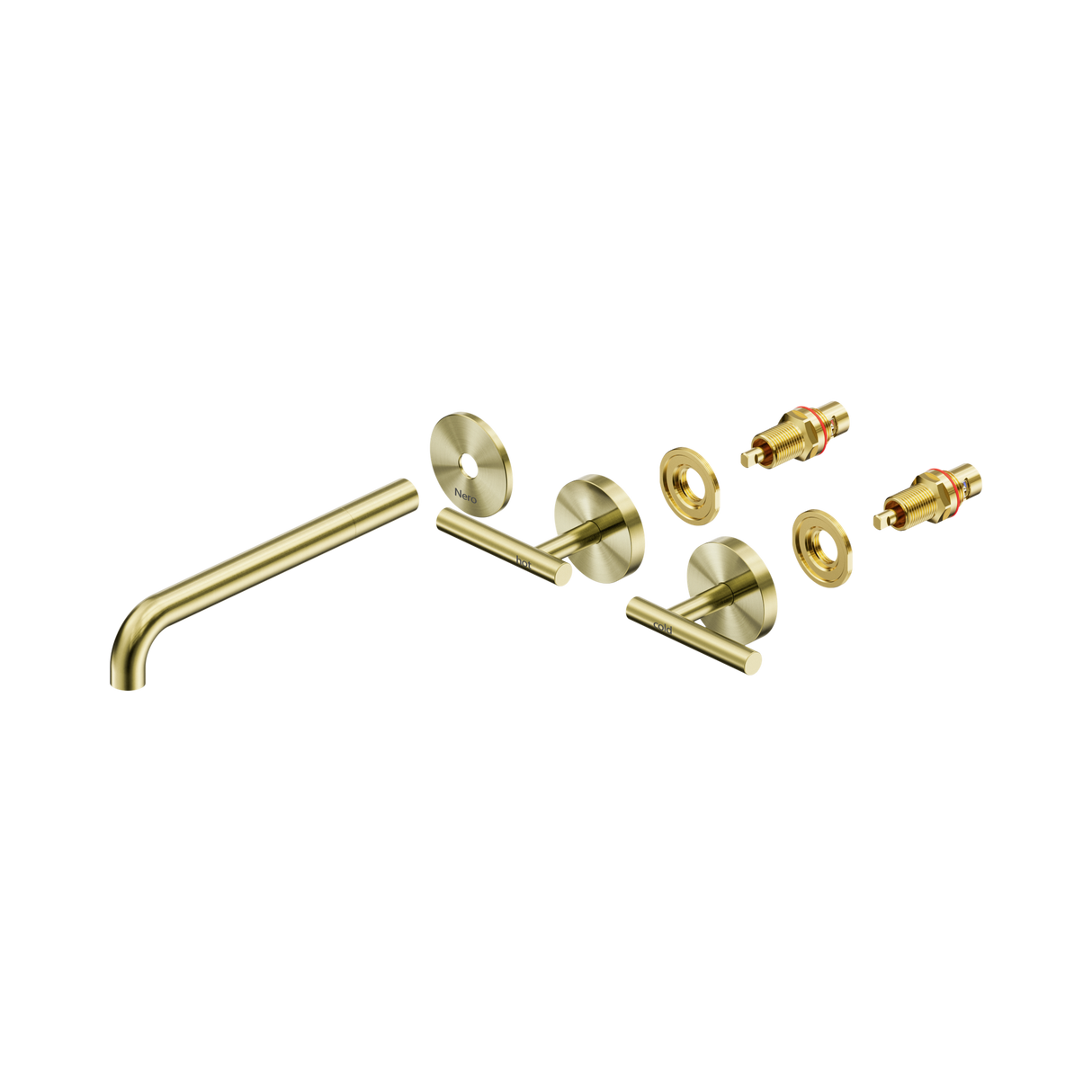 An image of Nero Tapware Mecca Wall Basin/Bath Set 220mm Spout Trim kits Only Brushed Gold