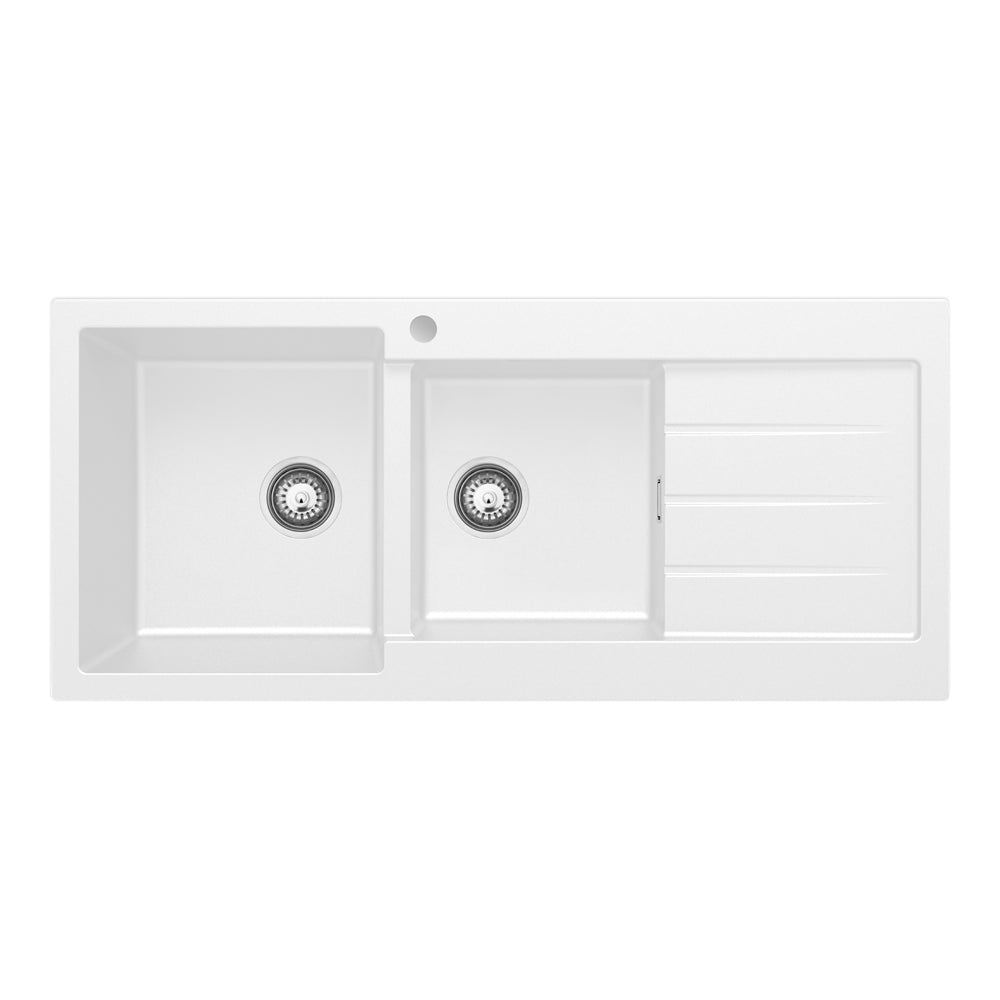Kuro Granite 32L/22L Double Kitchen Sink with Drainer, Left Bowl, 1 Tap Hole, Matt White