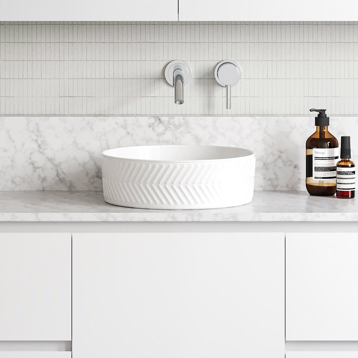 A lifestyle image of Timberline's Allure Arrow Basin 360mm White Gloss