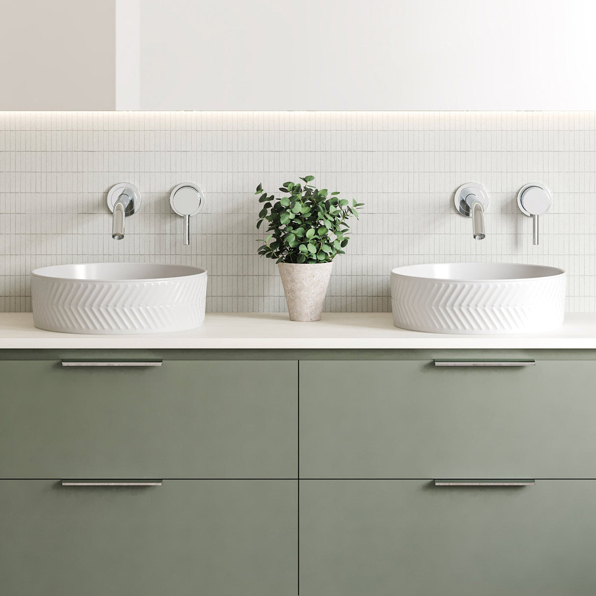 A lifestyle image of Timberline's Allure Arrow Basin 360mm White Gloss