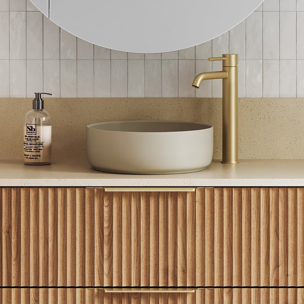 A lifestyle image of Timberline's Allure Basin 360mm Ivory Matt
