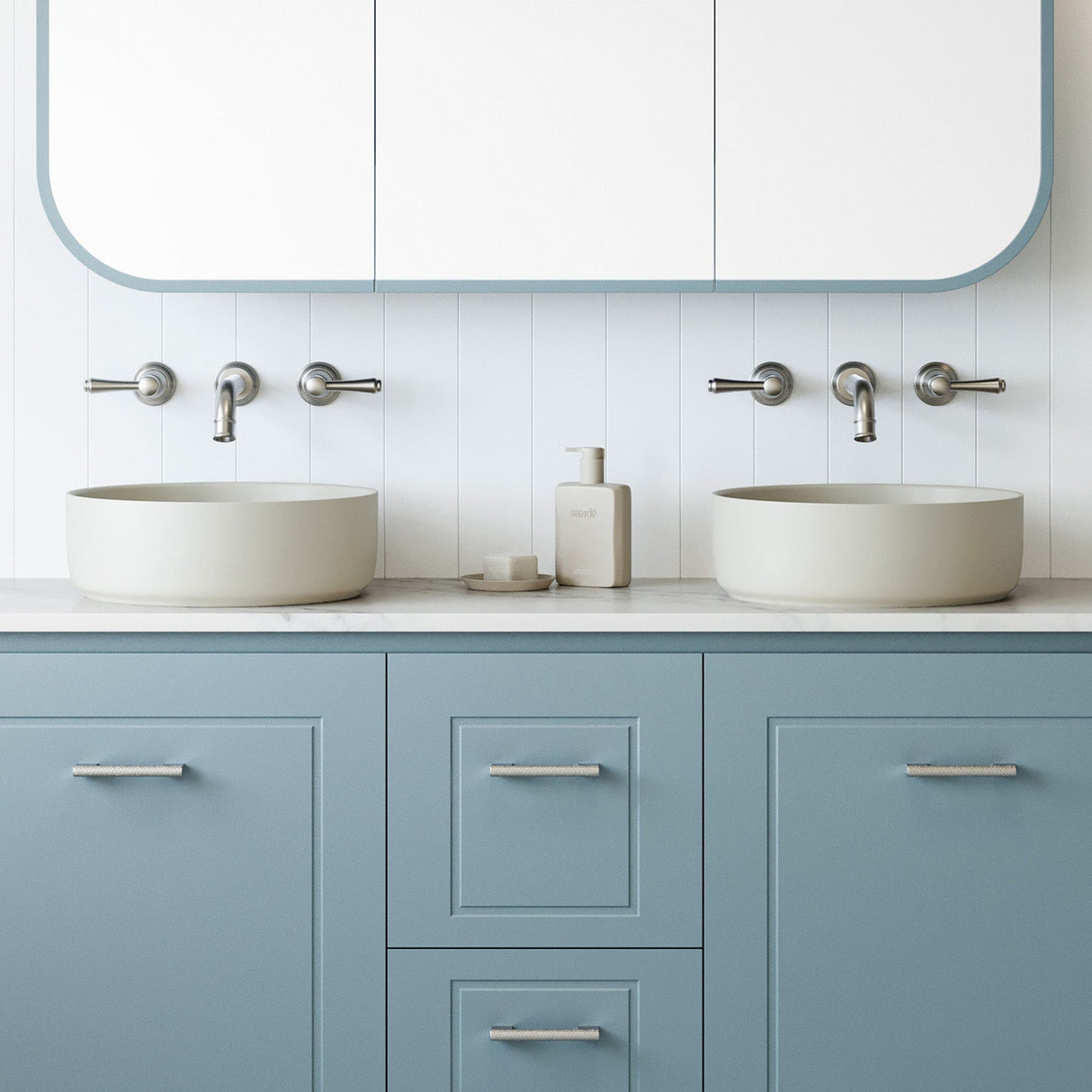 A lifestyle image of Timberline's Allure Basin 360mm Ivory Matt