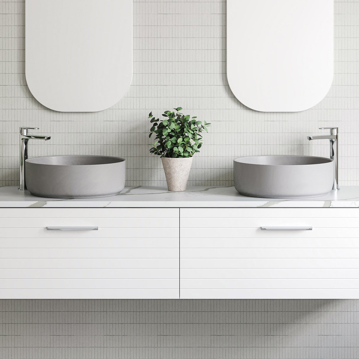 A lifestyle image of Timberline's Allure Basin 360mm Light Grey Matt