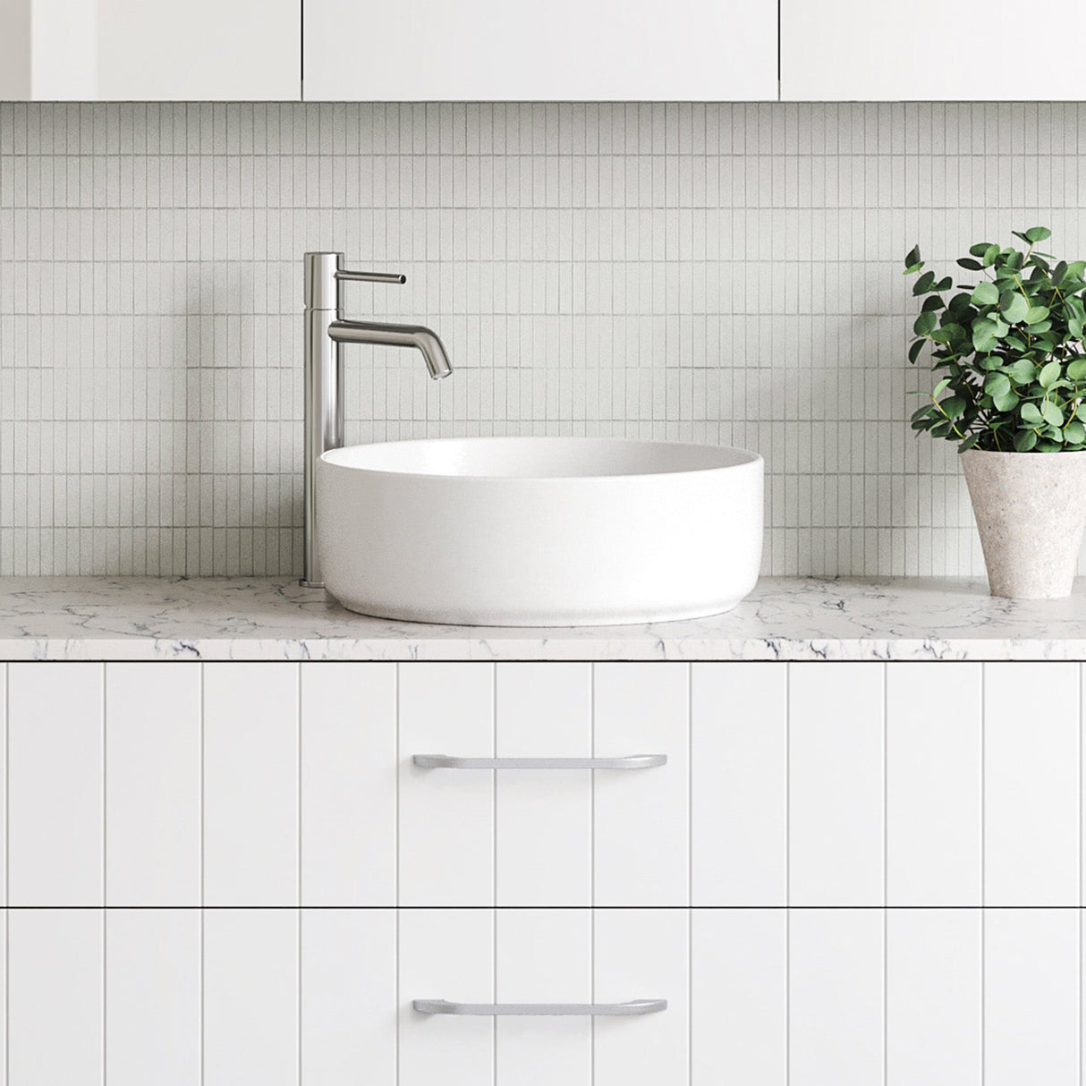 A lifestyle image of Timberline's Allure Basin 360mm White Matt