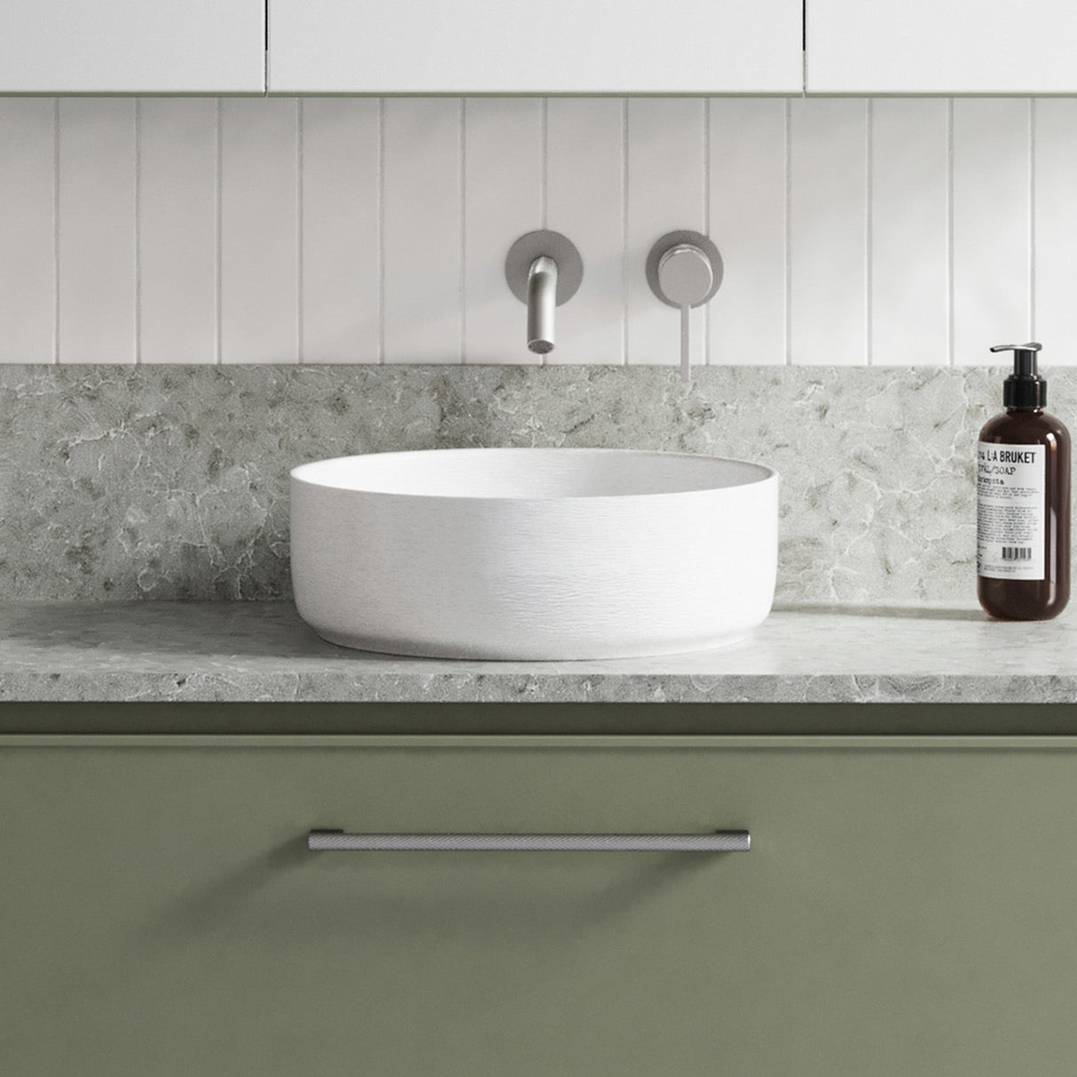 A lifestyle image of Timberline's Allure Raked Basin 360mm White Gloss