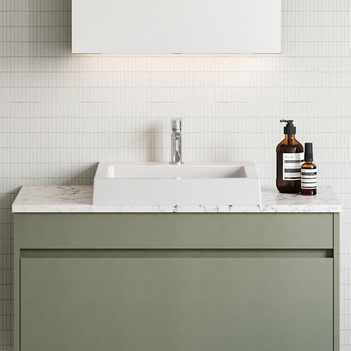 A lifestyle image of Timberline's Cove Basin 460mm White Gloss with 1 Tap Hole
