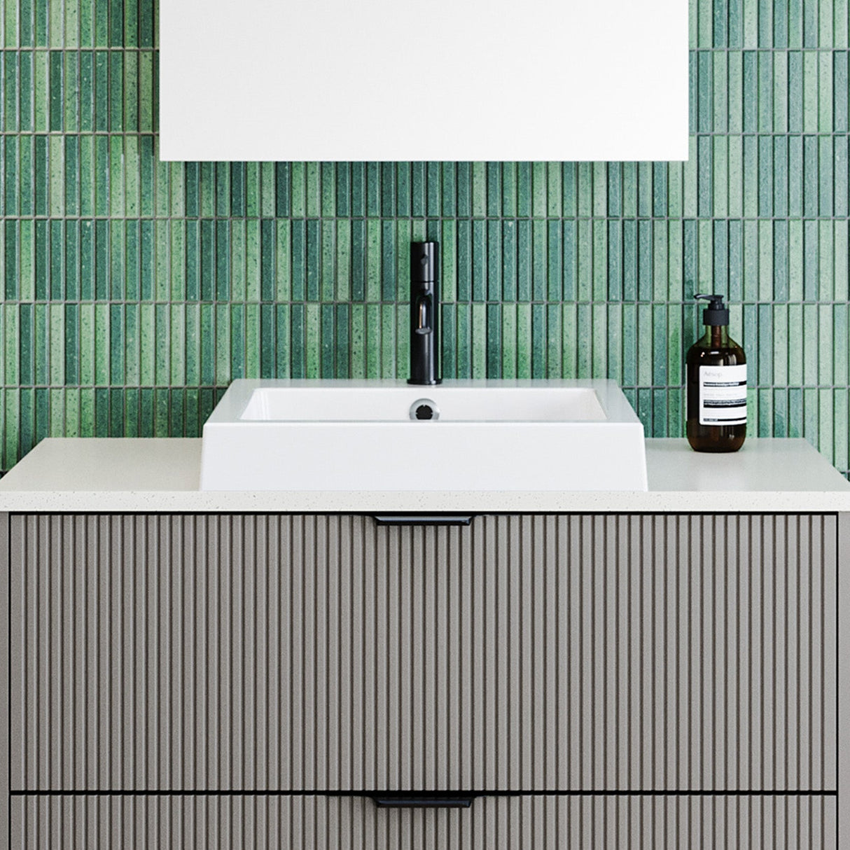 A lifestyle image of Timberline's Cove Basin 460mm White Gloss with 1 Tap Hole