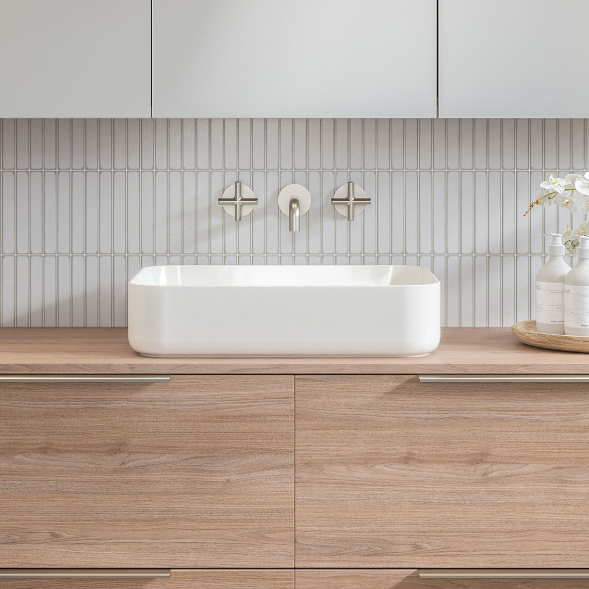 A lifestyle image of Timberline's Enchant Basin 500mm White Gloss