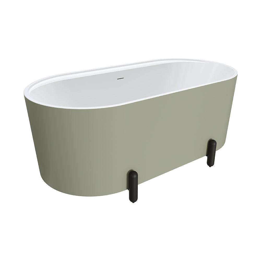 Aluca Freestanding Bath, 1500mm Matt Olive with Matt Black Legs with overflow