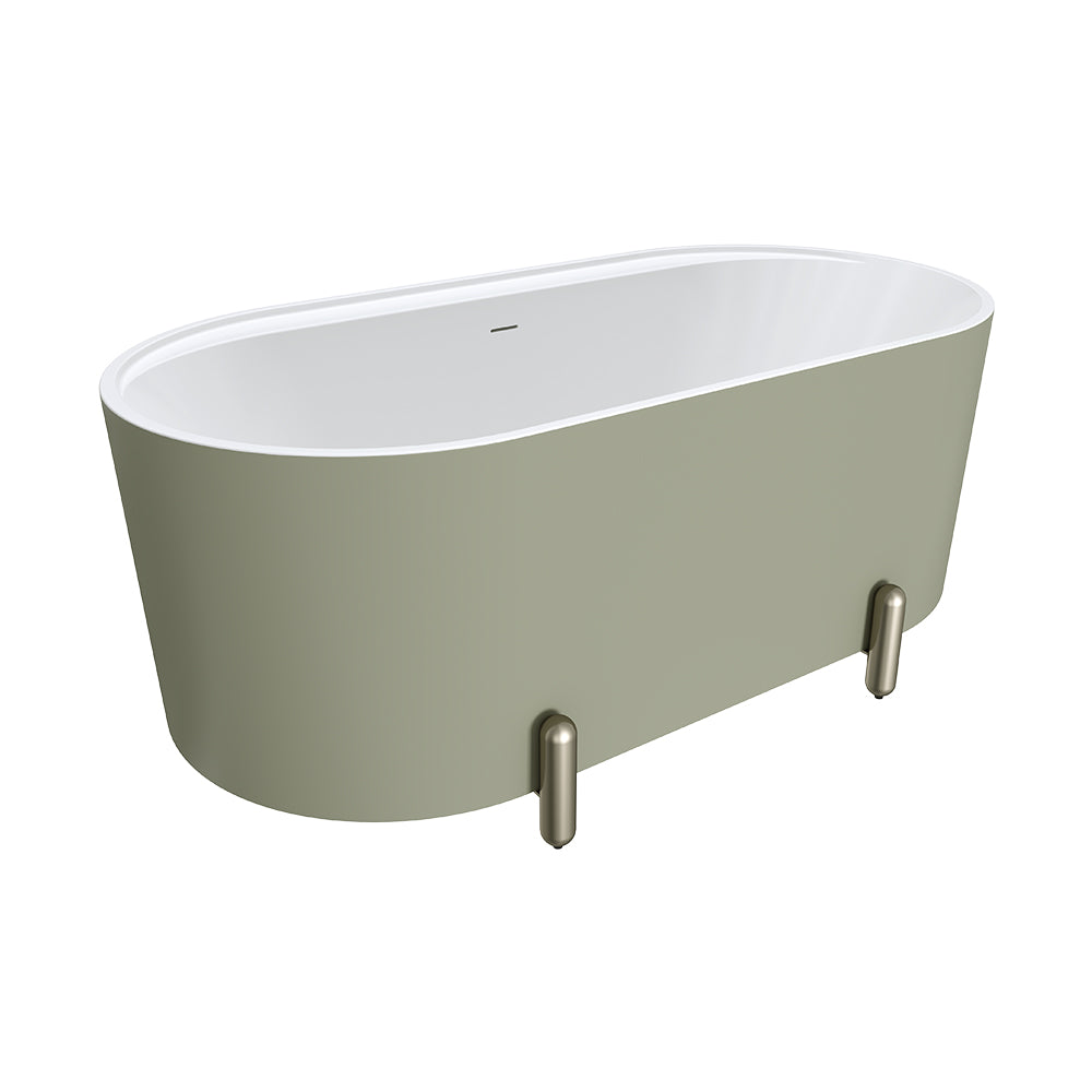 Aluca Freestanding Bath, 1500mm Matt Olive with Brushed Nickel Legs with overflow