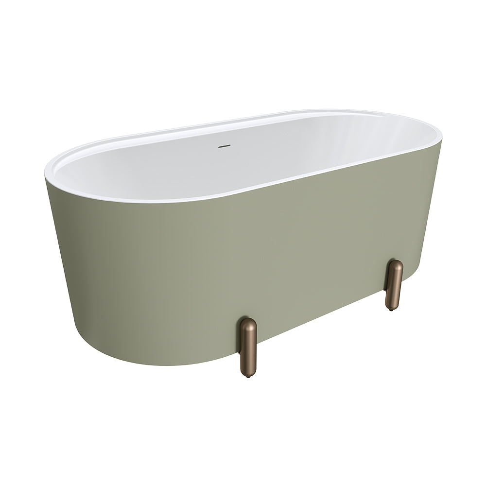Aluca Freestanding Bath, 1500mm Matt Olive with Brushed Copper Legs with overflow