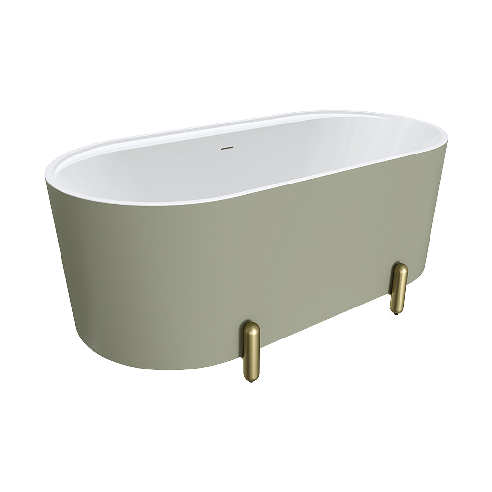 Aluca Freestanding Bath, 1500mm Matt Olive with Urban Brass Legs with overflow