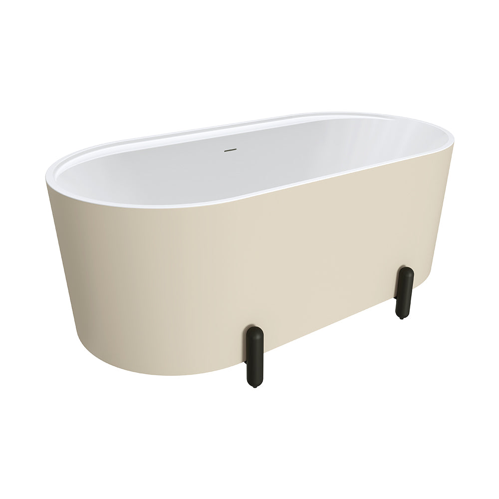 Aluca Freestanding Bath, 1500mm Matt Khaki with Matt Black Legs with overflow