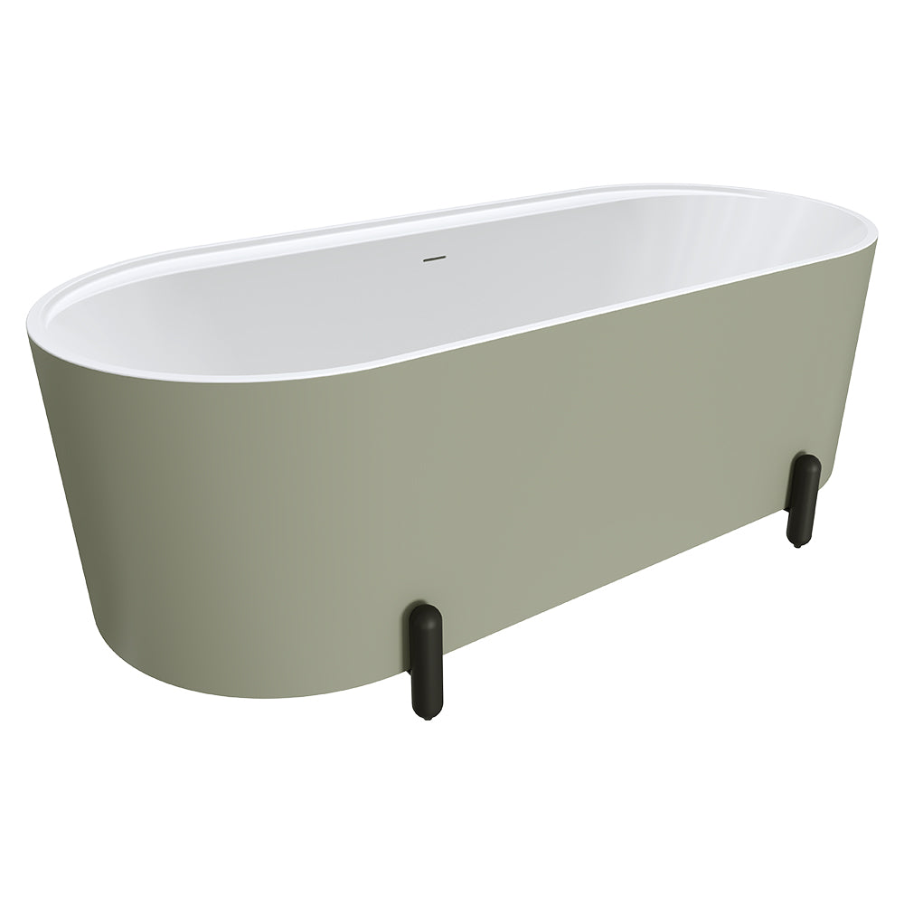 Aluca Freestanding Bath, 1700mm Matt Olive with Matt Black Legs with overflow