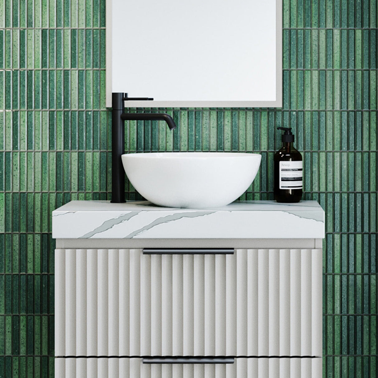 A lifestyle image of Timberline's Jessie Basin 320mm White Matt