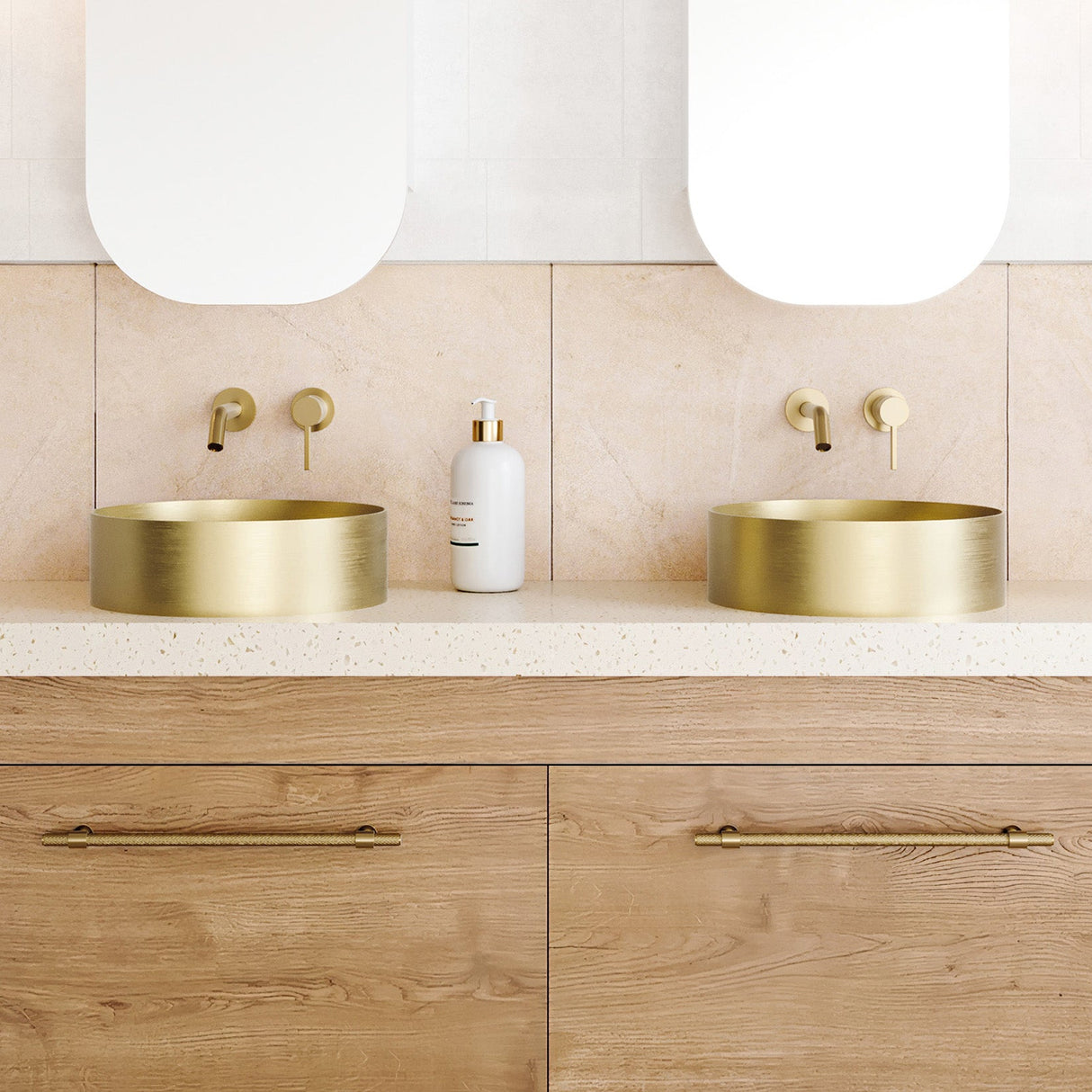 A lifestyle image of Timberline's Luxe Basin 360mm Brushed Gold
