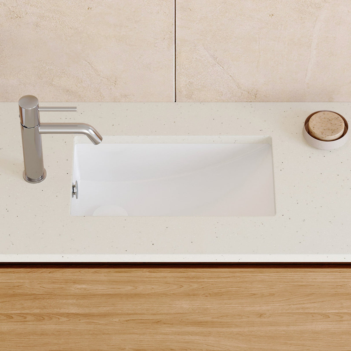 A lifestyle image of Timberline's Mini Rectangle Undermount Basin 430mm White Gloss