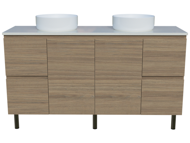 Nevada Vanity 1500mm Double White Gloss Above Counter Basins SilkSurface Top On Legs (NEV-V-1500-D-SSA-L)