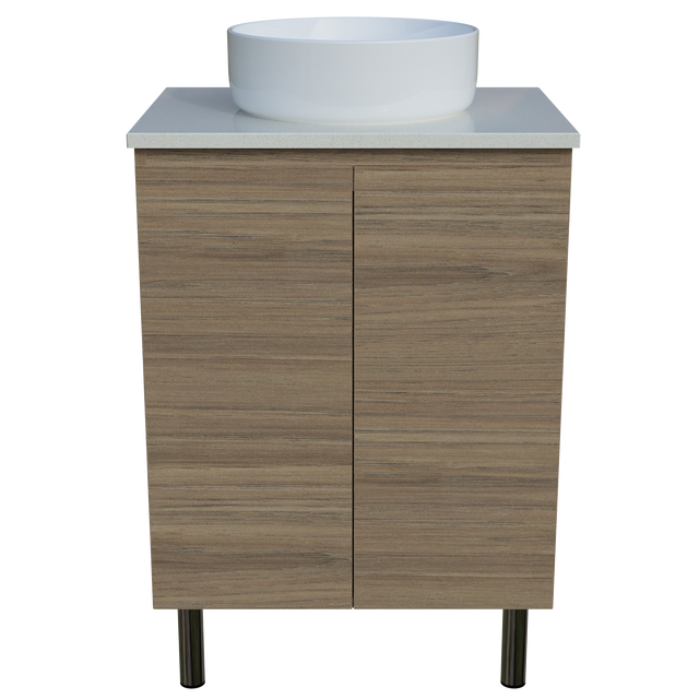 Nevada Vanity 600mm Centre White Gloss Above Counter Basin SilkSurface Top On Legs (NEV-V-600-C-SSA-L)