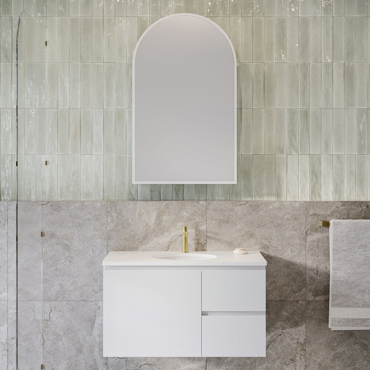 Nevada Vanity 900mm Centre White Gloss Under Counter Basin SilkSurface Top Wall hung (NEV-V-900-C-SSU-W)