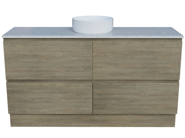 Nevada Plus Vanity 1500mm Centre White Gloss Above Counter Basin SilkSurface Top Floor standing (NEVP-V-1500-C-SSA-F)