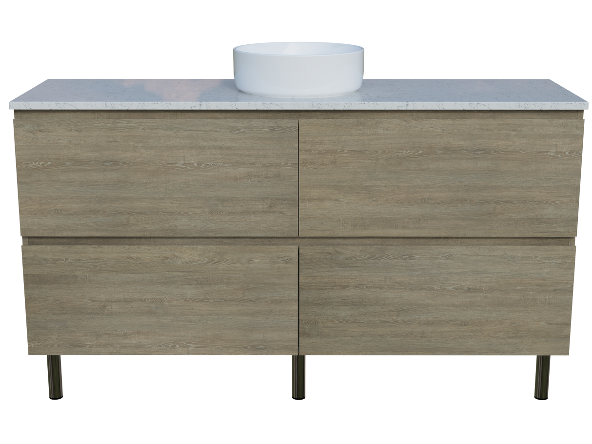 Nevada Plus Vanity 1500mm Centre White Gloss Above Counter Basin SilkSurface Top On Legs (NEVP-V-1500-C-SSA-L)
