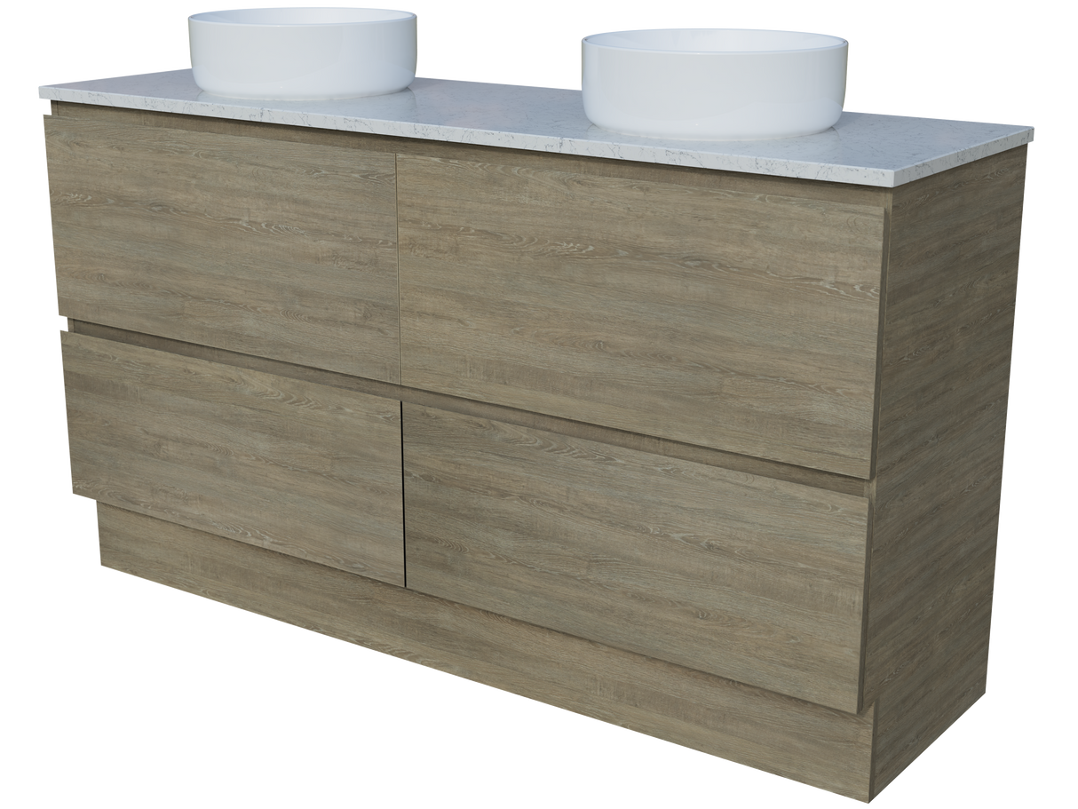 Nevada Plus Vanity 1500mm Double White Gloss Above Counter Basins SilkSurface Top Floor standing (NEVP-V-1500-D-SSA-F)