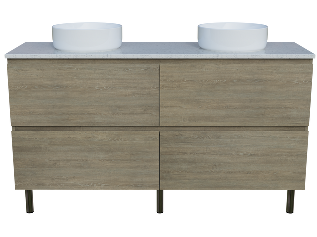 Nevada Plus Vanity 1500mm Double White Gloss Above Counter Basins SilkSurface Top On Legs (NEVP-V-1500-D-SSA-L)