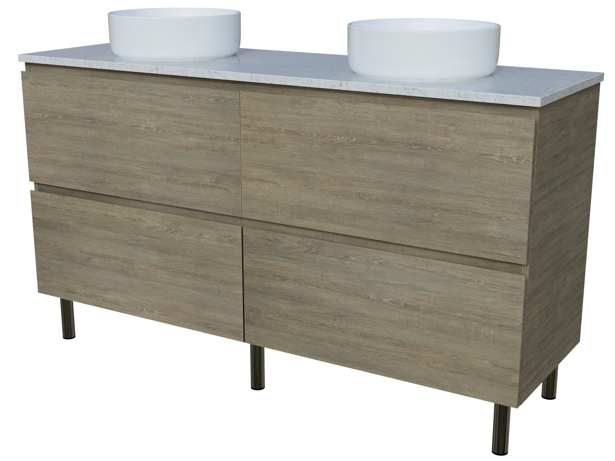 Nevada Plus Vanity 1500mm Double White Gloss Above Counter Basins SilkSurface Top On Legs (NEVP-V-1500-D-SSA-L)
