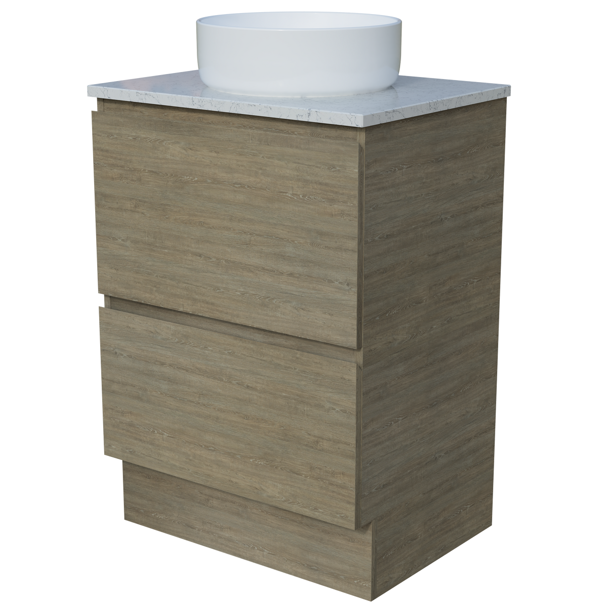 Nevada Plus Vanity 600mm Centre White Gloss Above Counter Basin SilkSurface Top Floor standing (NEVP-V-600-C-SSA-F)