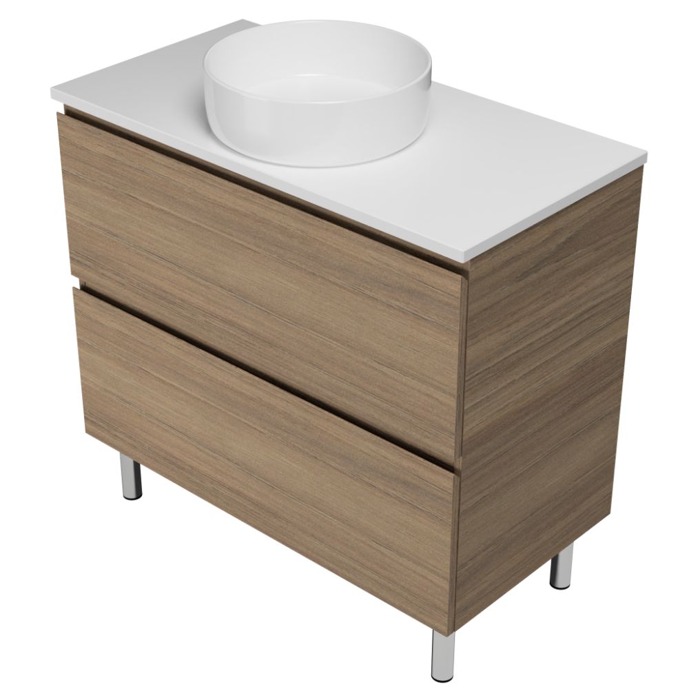 Nevada Plus Vanity 900mm Centre White Gloss Above Counter Basin SilkSurface Top On Legs (NEVP-V-900-C-SSA-L)