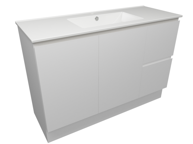 Nevada Quickship Vanity 1200mm White Satin Centre Bowl 1 Tap Hole Alpha Top Floor standing (NEVQ-V-1200-C-APH-F)