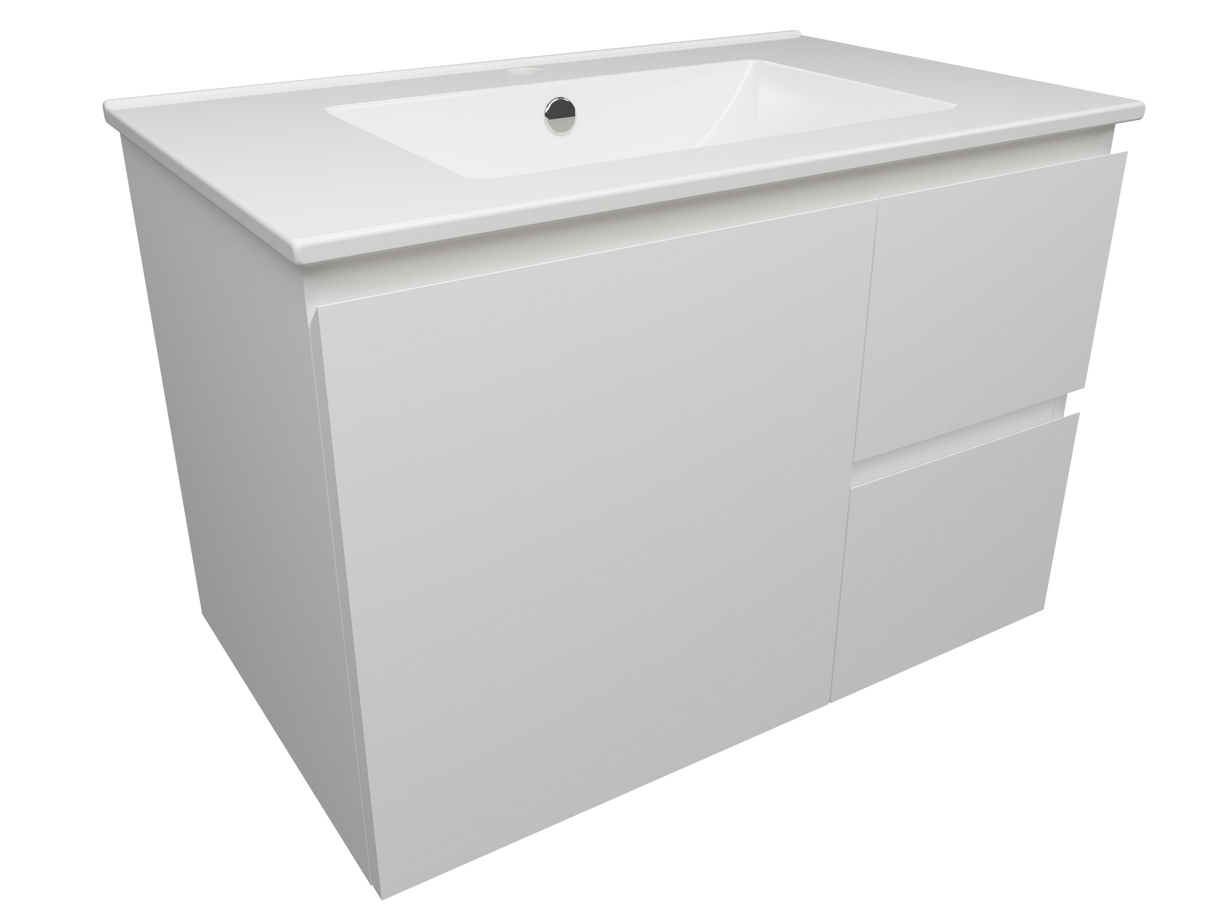 Nevada Quickship Vanity 750mm White Satin Centre Bowl 1 Tap Hole Alpha Top Wall hung (NEVQ-V-750-C-APH-W)