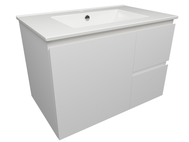 Nevada Quickship Vanity 750mm White Satin Centre Bowl 1 Tap Hole Alpha Top Wall hung (NEVQ-V-750-C-APH-W)