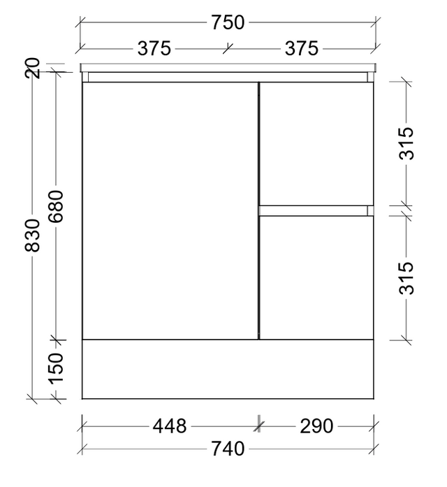 Nevada quickship cabinet only 750mm centre bowl floor standing