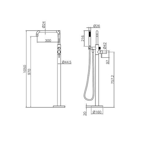 A line drawing of Nero Tapware Zen SS316L Freestanding Bath Mixer Brushed Gold