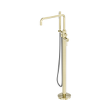 An image of Nero Tapware Zen SS316L Freestanding Bath Mixer With Outdoor Shower Hose Brushed Gold