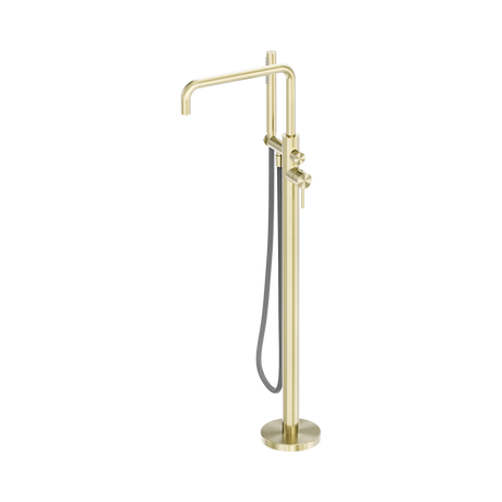 An image of Nero Tapware Zen SS316L Freestanding Bath Mixer With Outdoor Shower Hose Brushed Gold
