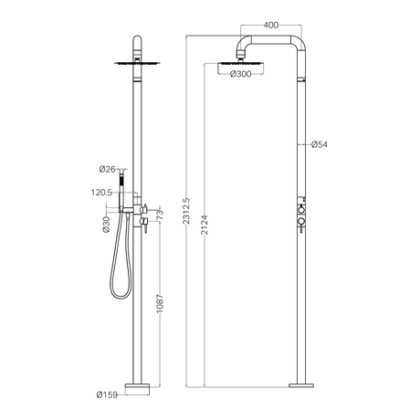 A line drawing of Nero Tapware Zen SS316L Outdoor Freestanding Shower Column Brushed Bronze