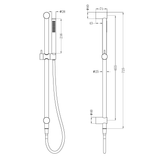 A line drawing of Nero Tapware Zen SS316L Shower Rail With Outdoor Shower Hose Brushed Gold