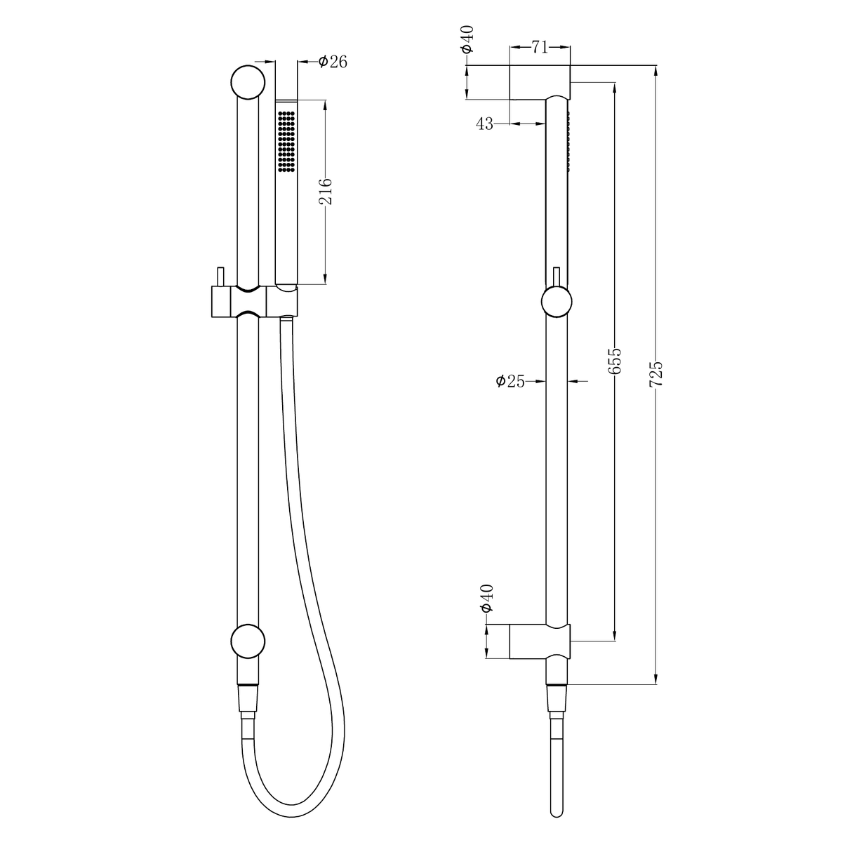 A line drawing of Nero Tapware Zen SS316L Shower Rail With Outdoor Shower Hose Graphite