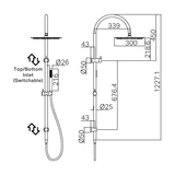 A line drawing of Nero Tapware Zen SS316L Twin Shower With Outdoor Shower Hose Brushed Nickel