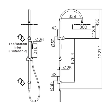 A line drawing of Nero Tapware Zen SS316L Twin Shower With Outdoor Shower Hose Brushed Nickel