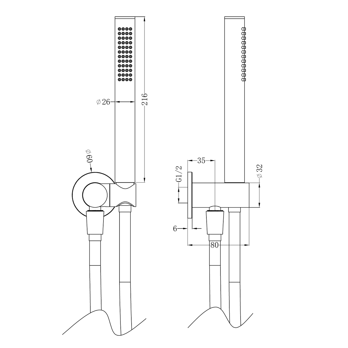 A line drawing of Nero Tapware Zen SS316L Shower On Bracket With Outdoor Shower Hose Brushed Nickel